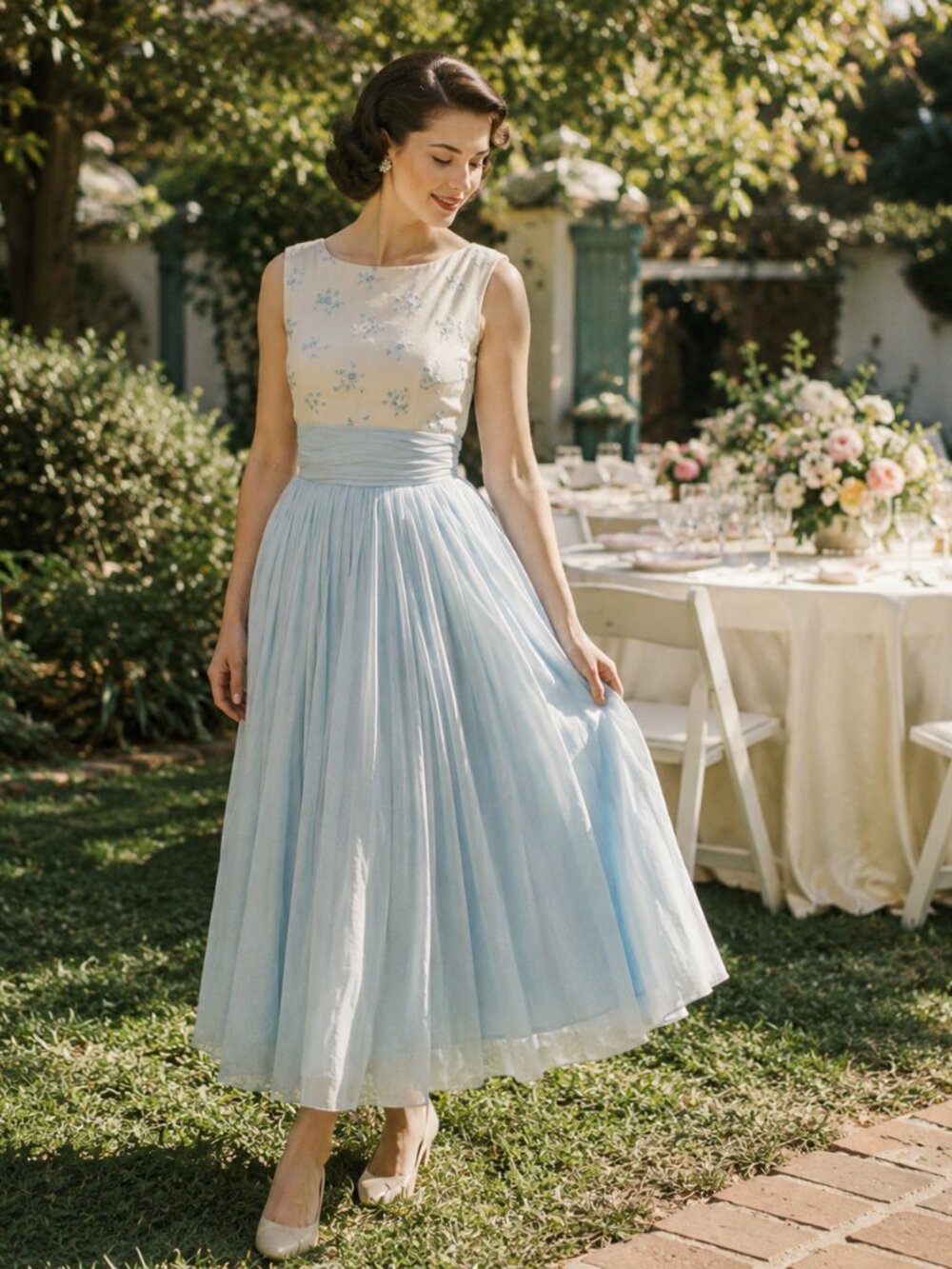 Vintage 1950s Miss Elliette Powder Blue Formal Gown, Romantic Chiffon Evening Dr